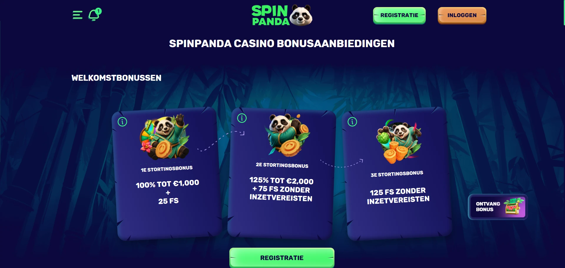 Promotiepagina van SpinPanda met de welkomstactie