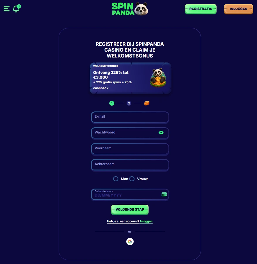 Registratieformulier van SpinPanda